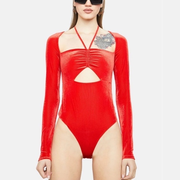 NWT AFRM Velvet Cut Out Halter Bodysuit Ribbed Red - Picture 1 of 8